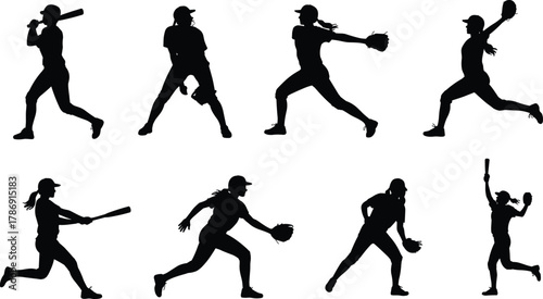 Silhouette set of softball players in action poses including batting, pitching, catching, running, fielding, sliding, and throwing scenes