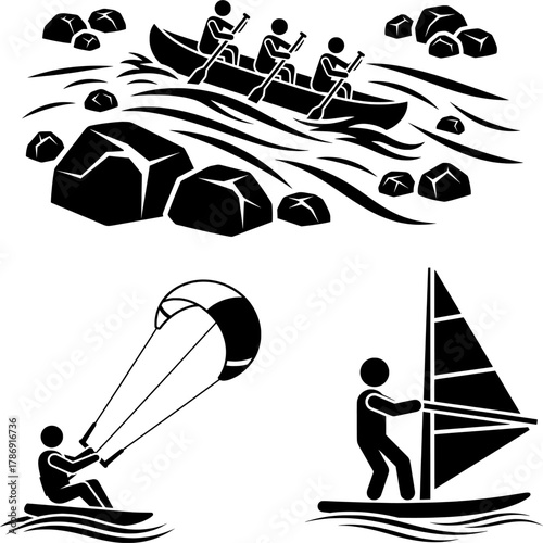 Extreme Water Sports and Adventure Black Icon Set: Rafting, Kitesurfing, and Windsurfing