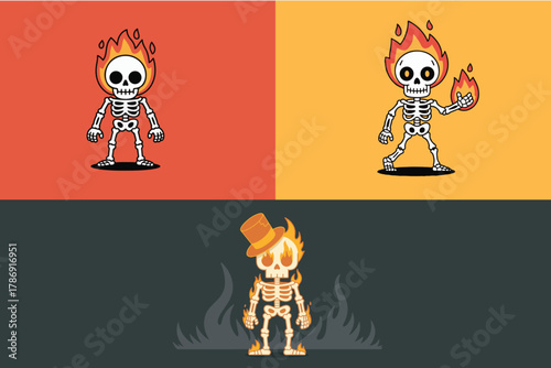 Cartoon fiery skeleton character in three poses, illustrating fire and hot energy