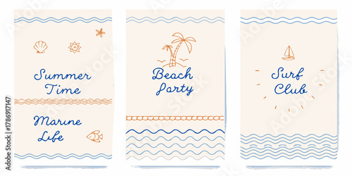 Collection of three charming hand drawn summer themed vertical banners for beach party and surf club events