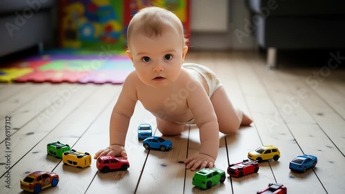 Inquisitive baby explores the world with a collection of colorful toy cars on a wooden floor