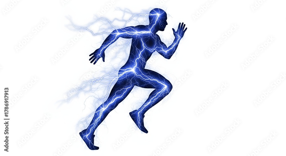 Naklejka premium Abstract silhouette of a running man charged with blue electric lightning energy, symbolizing speed, power, and athletic performance on a white background