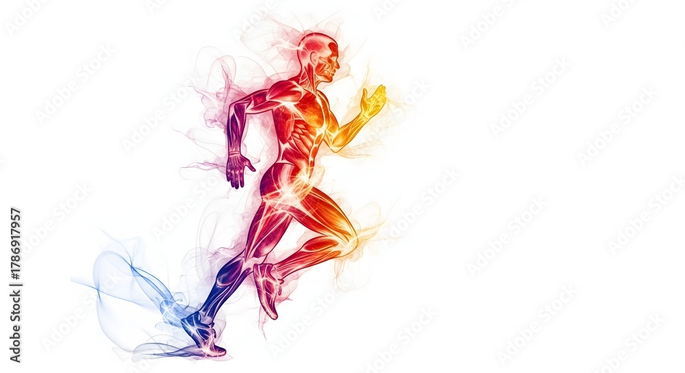 Obraz premium Scientific visualization of human muscular anatomy in a dynamic running motion, depicted with vibrant energy flames