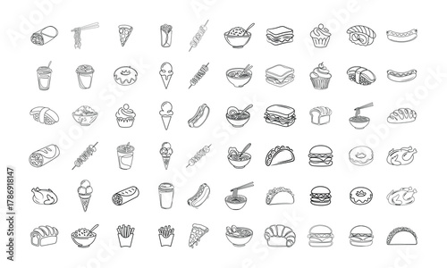 Food illustration collection featuring hand drawn fast food items perfect for restaurant menus and culinary designs detailed black and white line art