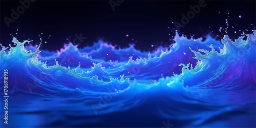 Abstract design of blue ocean water waves with natural light and bubbles reflecting the sky