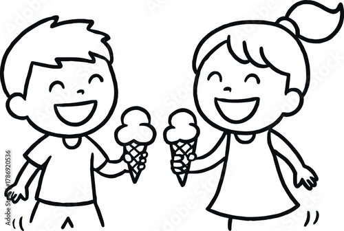 Happy cartoon children enjoying delicious ice cream cones on a sunny day
