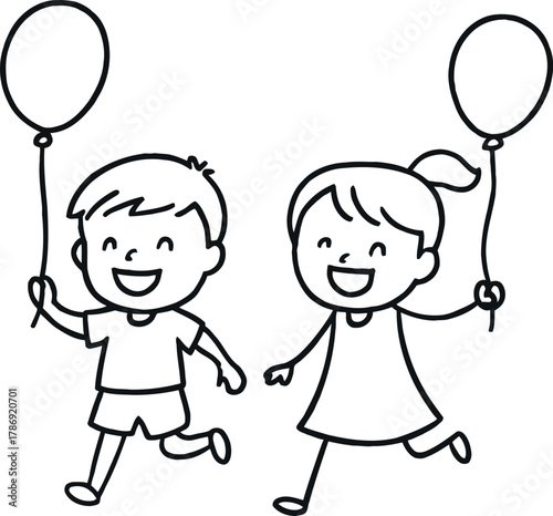 Happy cartoon children running with balloons on a white background