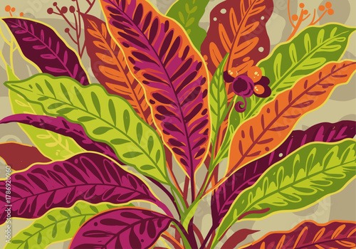 Vibrant Botanical Symphony A Dynamic and Colorful Illustration of Lush Tropical Foliage, Showcasing an Exotic Blend of Rich Hues and Intricate Patterns for Artistic Decor