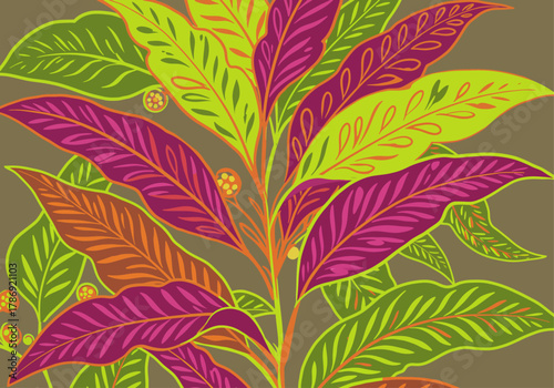 A vibrant and exotic mix of stylized tropical leaves in magenta and green, creating a lush botanical pattern