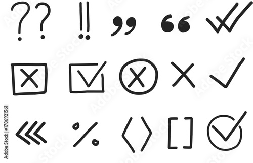 Collection of hand drawn symbols including check marks, crosses, punctuation, brackets, and arrows. Simple black line icons perfect for UI design, notes,vector illustration. 