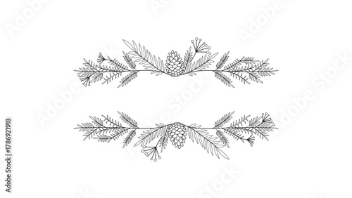 Elegant monochrome pine branch vector border with cones and needles for invitation cards, holiday frames and decorative designs