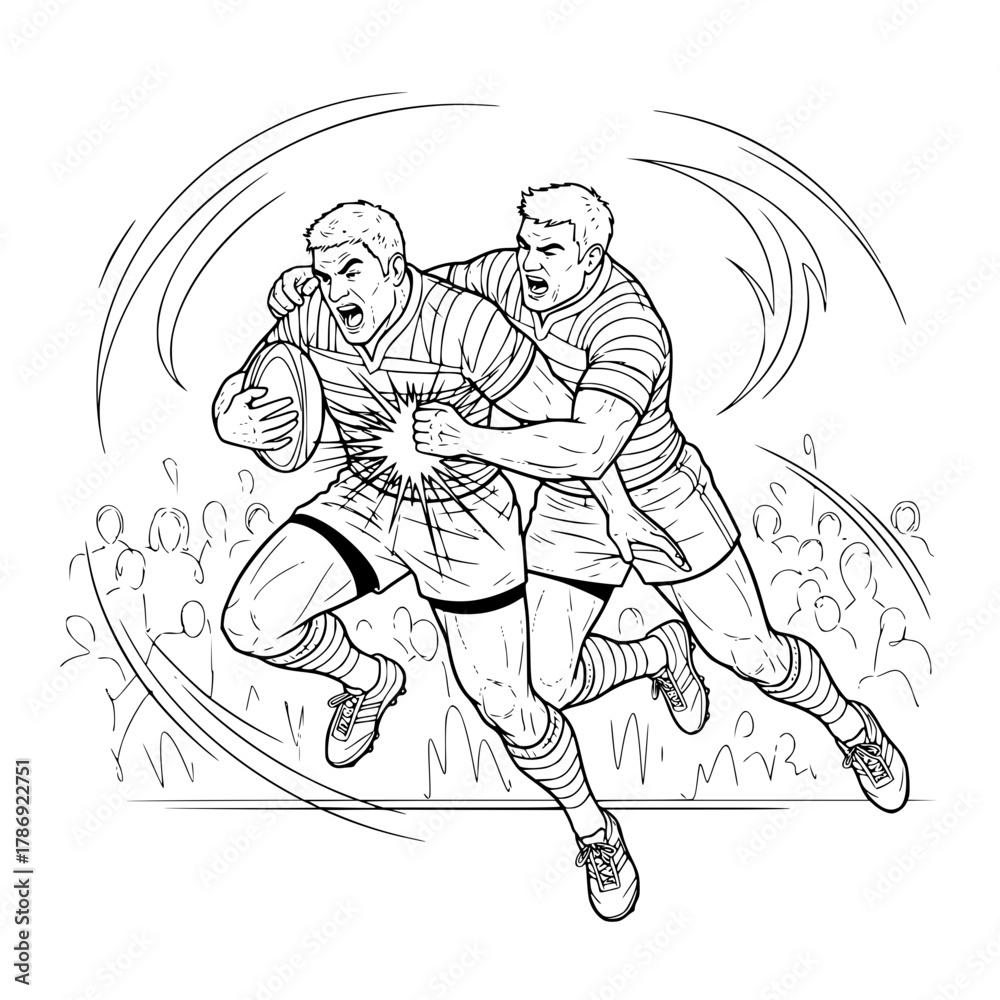 Fototapeta premium Black & White Line Art of Two Football Players Tackling, Dynamic Action Lines, Minimal Background