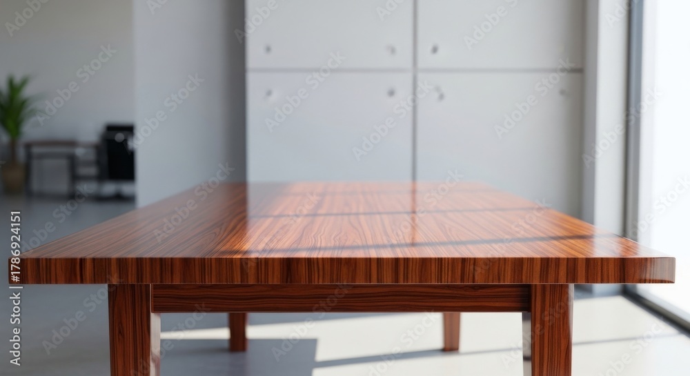Fototapeta premium Polished wooden table in bright office, reflection of daylight, neutral background tones