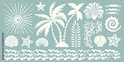 Collection of stylized white tropical beach elements including palm trees seashells starfish sun and waves on a muted blue background