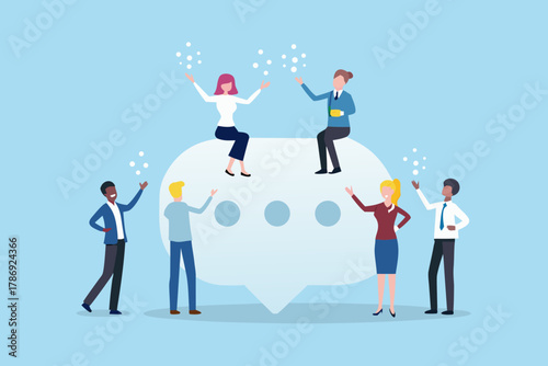 Diverse group of people communicating and sharing ideas around a large speech bubble