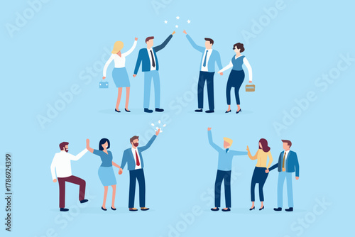 Diverse group of business professionals celebrating success and achievements together in a stylized illustration