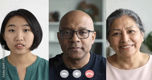 Three diverse individuals engaged in a video call