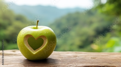 A green apple with a heart-shaped cutout sits on a wooden surface, set against a blurred natural background.