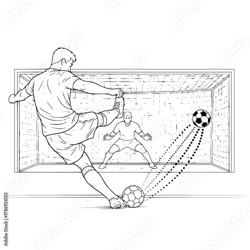 Line Art of Football Striker Kicking Penalty, Goalkeeper Crouched, Motion Lines, Dramatic Pose