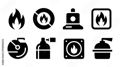 Collection of Eight Black Silhouette Icons Related to Fire and Heat flame burning