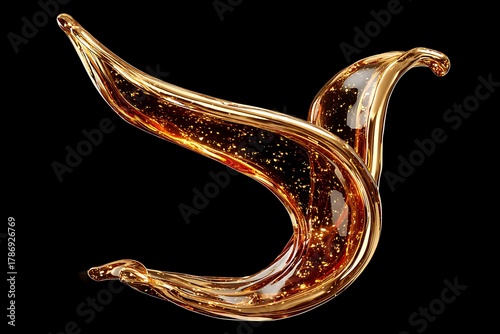 Elegant golden liquid bird sculpture against a stark black background.