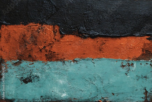 Abstract painting with bold strokes of black, orange, and teal.