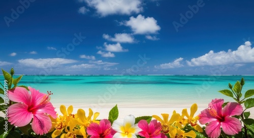 Tropical paradise beach with hibiscus flowers and turquoise ocean