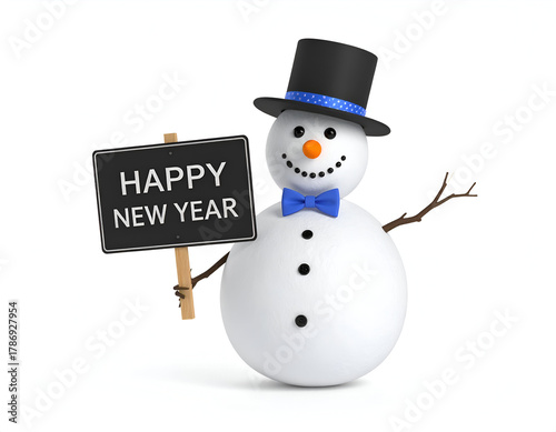 Charming 3D rendered snowman in a top hat and bow tie, holding a 'Happy New Year' sign, symbolizing festive winter greetings and fresh starts on a clean white background