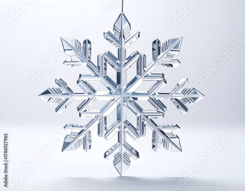 An elegant and intricate glass snowflake hangs against a white background, a beautiful decoration for festive winter holiday celebrations and Happy New Year