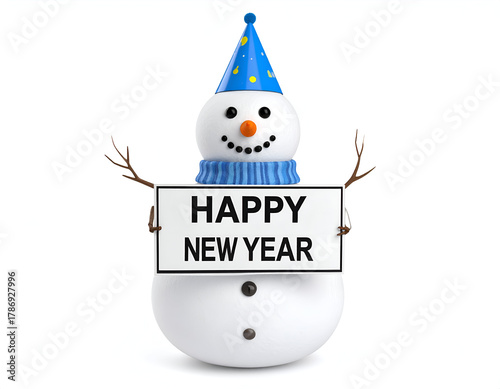 Festive 3D snowman in blue party hat and scarf, holding a 'Happy New Year' sign, for winter holiday greetings and seasonal celebrations on a white background