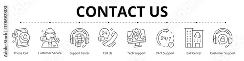 Contact Us Line Banner Web Icon Set Vector Illustration