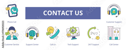 Contact Us Lineal Color Banner Web Icon Set Vector Illustration