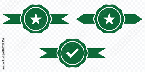 Approved or certified medal icon in a flat style. Rosette icons. Approval check symbol. Verified, certified, medal, correct mark, award ribbon, badge, quality certify sign vector illustration.