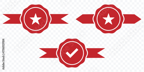 Approved or certified medal icon in a flat style. Rosette icons. Approval check symbol. Verified, certified, medal, correct mark, award ribbon, badge, quality certify sign vector illustration.