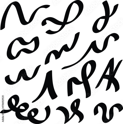 Abstract Black Calligraphic Swirls and Strokes Collection. Minimal Wavy Stroke Shape Set for Design.  Black Silhouette Vector Collection