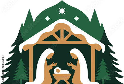 Nativity scene illustration with religious figures and stable