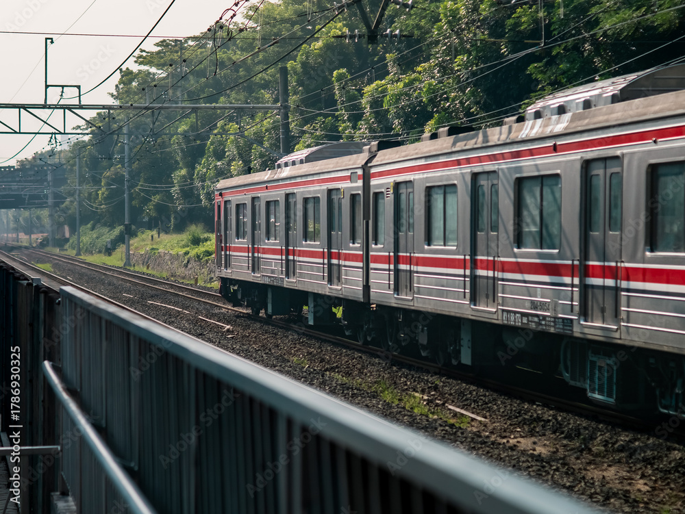 Fototapeta premium Commuter train traveling along railway tracks surrounded by greenery, representing urban transportation, mobility, and sustainable travel infrastructure.