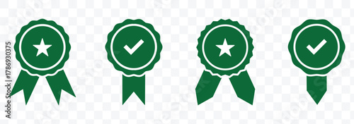 Badge with ribbon icon set, approved or verified medal icon. Certified badge. Circular ribbon medal icon , vector illustration.