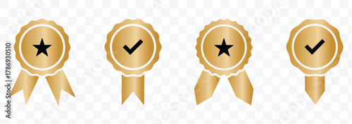 Badge with ribbon icon set, approved or verified medal icon. Certified badge. Circular ribbon medal icon , vector illustration.
