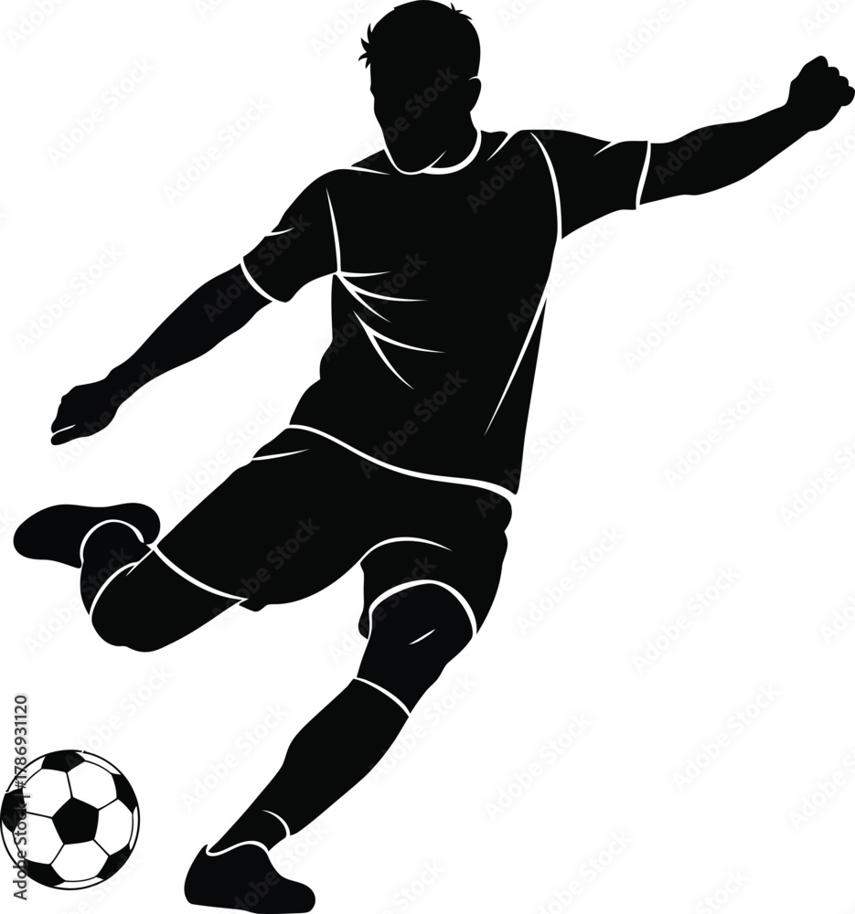 Naklejka premium Soccer Player Kicking Ball Black & White Silhouette Vector Art