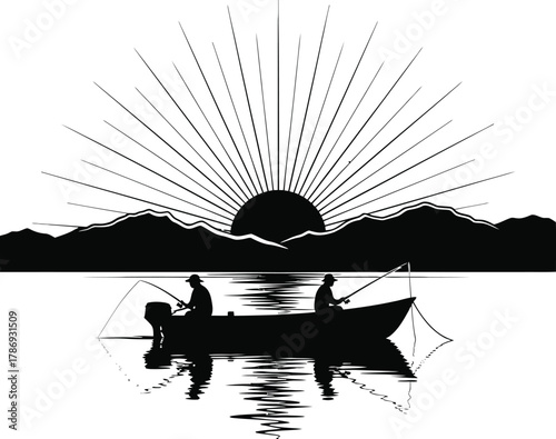 Fishing Boat on Calm Lake Black & White Silhouette Vector Art
