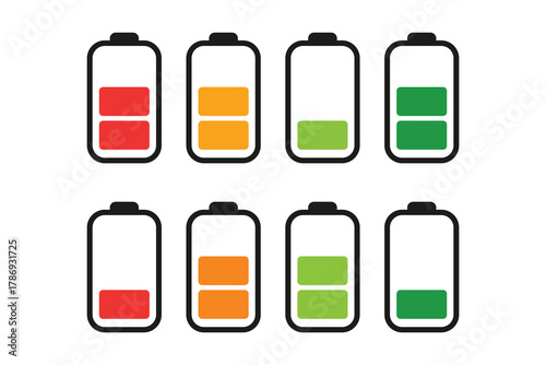 Empty to Full Digital Device Battery Level Icon Set Power Indicator: Various Battery Charge Symbols