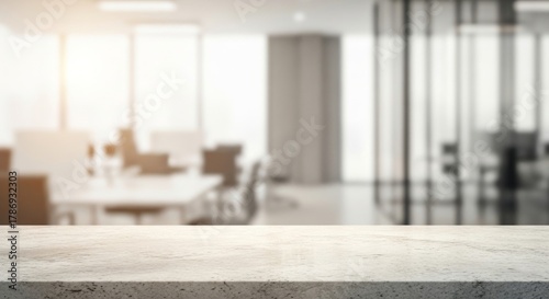 Smooth stone tabletop, soft light gradient, modern office background out of focus