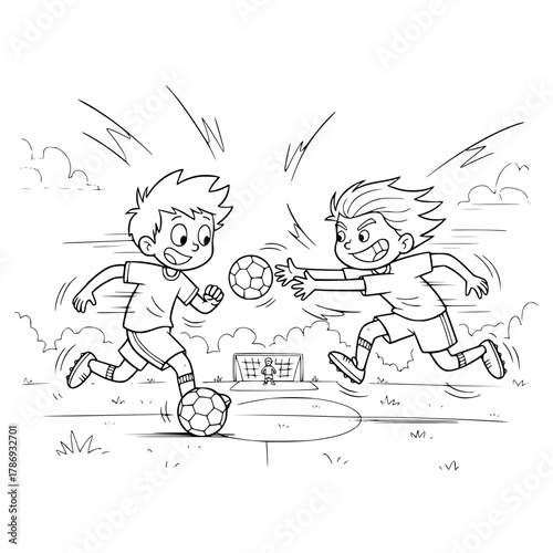 Black & White Line Art of Kids Passing and Dribbling Football, Playful Expressions, Exaggerated Motion Lines