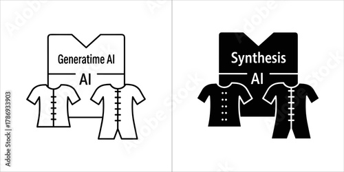 Icons showing ai generating and synthesizing clothing, one with text generative ai and synthesis ai