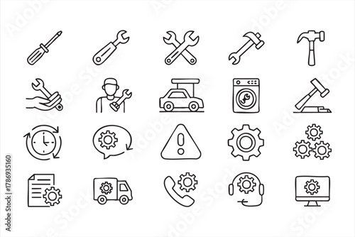 Repair and maintenance line icon set with tools, gears, and mechanic symbols