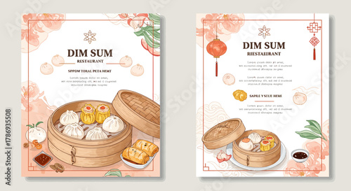 Delicious Dim Sum Restaurant Menu with Steamed Dumplings in Bamboo Baskets.