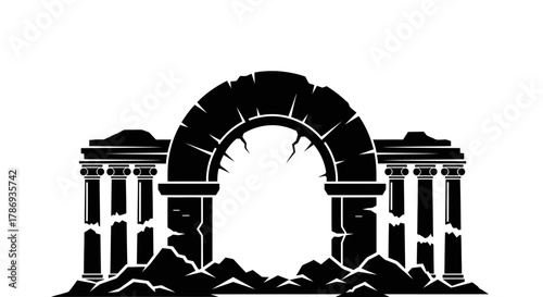 Ancient ruins with crumbling archway and pillars evoke history