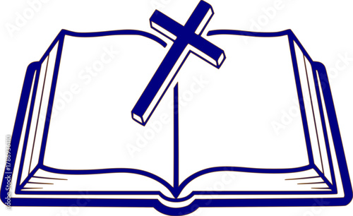 Open Bible with Cross Outline Vector Illustration, Christianity, Protestantism and Catholicism