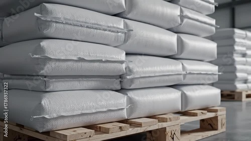 Stacked white bags on wooden pallets in a warehouselike setting